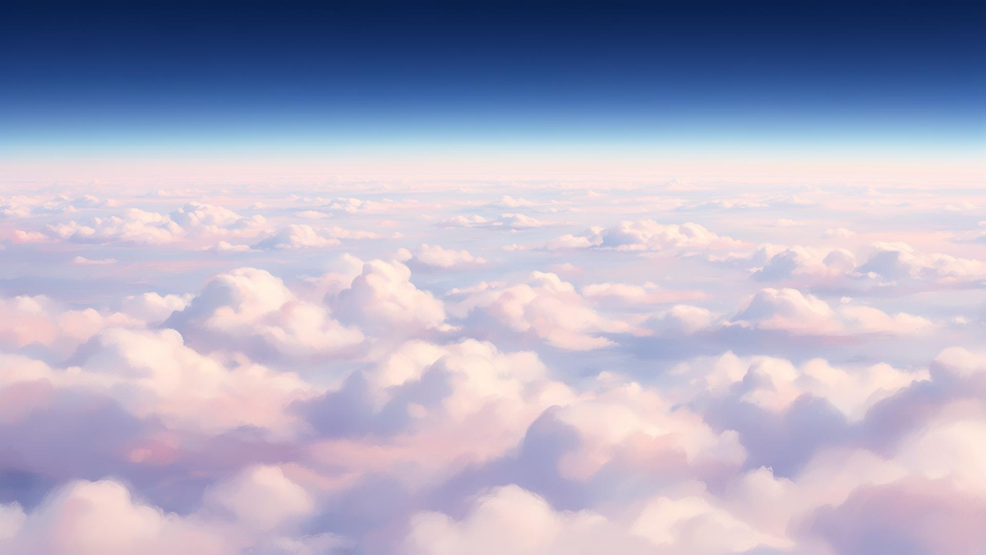 Private jet wing through soft pastel clouds at golden hour