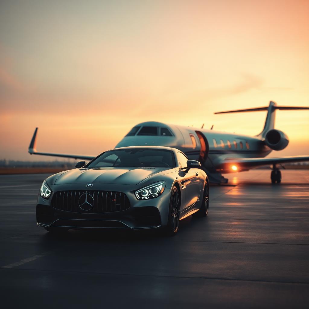 Car on tarmac next to private jet at sunset
