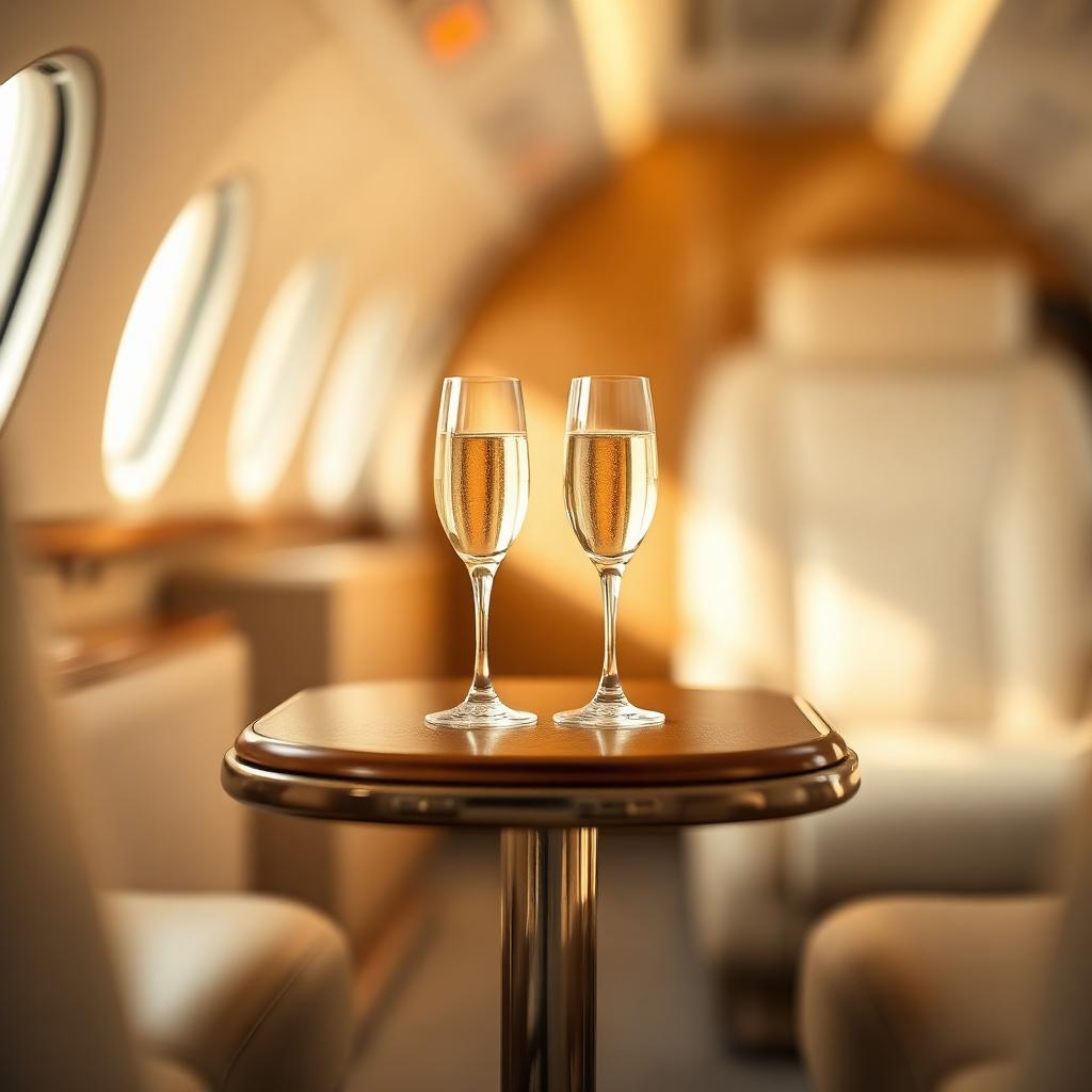 Champagne flutes in private jet cabin